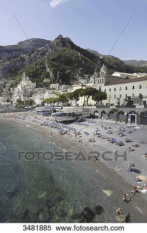 Italy, Amalfi Coast, Landscape, Panorama, Amalfi's shingle beach. Amalfi is a small town whose high white houses are perched on the slopes of the hills in front of a deep blue sea. View Large Photo Image Stock Photography - Italy, Amalfi Coast, Landscape, Panorama, Amalfi's shingle beach. Amalfi is a small town whose high white houses are perched on the slopes of the hills in front of a deep blue sea.. Fotosearch
