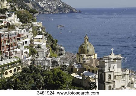 Italy, Amalfi Coast, Positano, old fishermen village with the Santa Maria Assunta church and its dome covered in varnished tiles, near the beach View Large Photo Image Picture - Italy, Amalfi Coast, Positano, old fishermen village with the Santa Maria Assunta church and its dome covered in varnished tiles, near the beach. Fotosearch