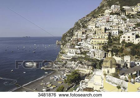 Italy, Amalfi Coast, Positano, old fishermen village with the Santa Maria Assunta church and its dome covered in varnished tiles View Large Photo Image Stock Photograph - Italy, Amalfi Coast, Positano, old fishermen village with the Santa Maria Assunta church and its dome covered in varnished tiles. Fotosearch