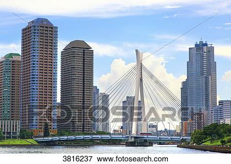 Japan, Tokyo, Chuo-Ohashi Bridge. Sumida-gawa river View Large Photo Image Stock Photo - Japan, Tokyo, Chuo-Ohashi Bridge. Sumida-gawa river. Fotosearch