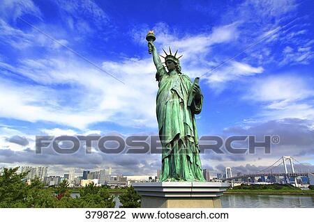 Japan, Tokyo. Tokyo Bay, Odaiba. Liberty statue. View Large Photo Image Stock Image - Japan, Tokyo. Tokyo Bay, Odaiba. Liberty statue.. Fotosearch