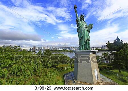 Japan, Tokyo. Tokyo Bay, Odaiba. Liberty statue. View Large Photo Image Stock Image - Japan, Tokyo. Tokyo Bay, Odaiba. Liberty statue.. Fotosearch