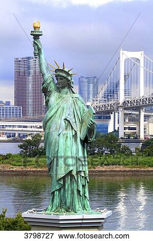 Japan, Tokyo. Tokyo Bay, Odaiba. Liberty statue. View Large Photo Image Stock Photo - Japan, Tokyo. Tokyo Bay, Odaiba. Liberty statue.. Fotosearch