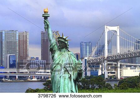 Japan, Tokyo. Tokyo Bay, Odaiba. Liberty statue. View Large Photo Image Stock Photograph - Japan, Tokyo. Tokyo Bay, Odaiba. Liberty statue.. Fotosearch