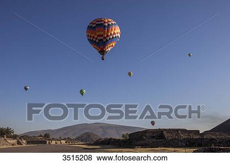 Mexico, Mexico State, Hot air balloons over the archaeological pre-Columbian site of Teotihuacan, 200 BC, Unesco World heritage View Large Photo Image Stock Photo - Mexico, Mexico State, Hot air balloons over the archaeological pre-Columbian site of Teotihuacan, 200 BC, Unesco World heritage. Fotosearch