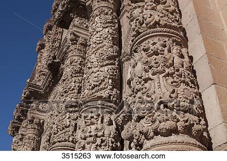 Mexico, Zacatecas state, Zacatecas, a UNESCO World Heritage. Cathedral, churrigueresque pink sandstone facade, 18th century, column detail View Large Photo Image Stock Image - Mexico, Zacatecas state, Zacatecas, a UNESCO World Heritage. Cathedral, churrigueresque pink sandstone facade, 18th century, column detail. Fotosearch
