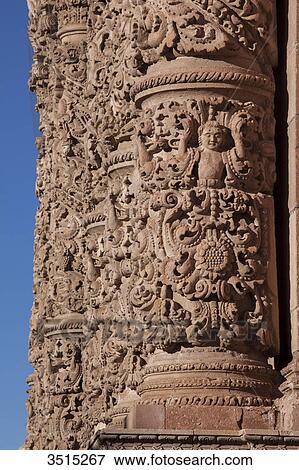Mexico, Zacatecas state, Zacatecas, a UNESCO World Heritage. Cathedral, churrigueresque pink sandstone facade, 18th century, column detail View Large Photo Image Stock Photo - Mexico, Zacatecas state, Zacatecas, a UNESCO World Heritage. Cathedral, churrigueresque pink sandstone facade, 18th century, column detail. Fotosearch