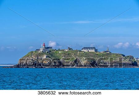 Stock Image - Normandy, Manche, Granville, lighthouse on the Pointe du Roc at the Cap Lihou. Fotosearch