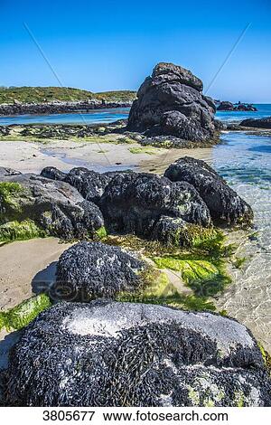 Stock Photo - Normandy, Manche, the Grande Ile Chausey, rocks on the Homard Port beach. Fotosearch