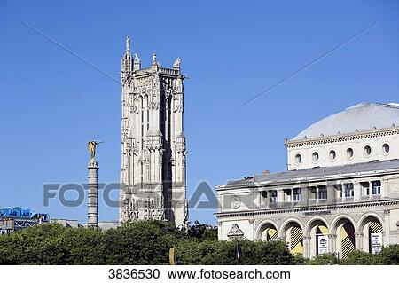 Paris, 4th district, column and statue of the Chatelet fountain (left), Theater of the city (right) and Tour Saint Jacques in the background. View Large Photo Image Stock Image - Paris, 4th district, column and statue of the Chatelet fountain (left), Theater of the city (right) and Tour Saint Jacques in the background.. Fotosearch