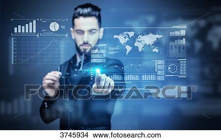 Portrait of a young Businessman touching a virtual screen View Large Photo Image Picture - Portrait of a young Businessman touching a virtual screen. Fotosearch