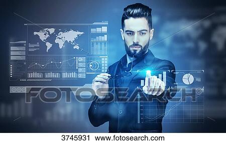 Portrait of a young Businessman touching a virtual screen View Large Photo Image Stock Image - Portrait of a young Businessman touching a virtual screen. Fotosearch