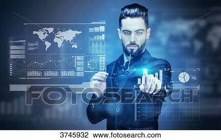 Portrait of a young Businessman touching a virtual screen View Large Photo Image Stock Image - Portrait of a young Businessman touching a virtual screen. Fotosearch