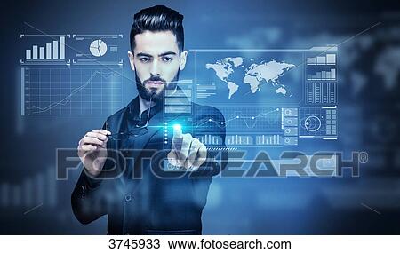Portrait of a young Businessman touching a virtual screen View Large Photo Image Stock Image - Portrait of a young Businessman touching a virtual screen. Fotosearch