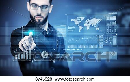 Portrait of a young Businessman touching a virtual screen View Large Photo Image Stock Photo - Portrait of a young Businessman touching a virtual screen. Fotosearch