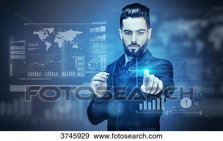 Portrait of a young Businessman touching a virtual screen View Large Photo Image Stock Photo - Portrait of a young Businessman touching a virtual screen. Fotosearch