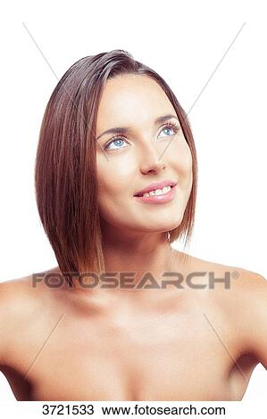 Portrait of a young woman smiling look up View Large Photo Image Stock Image - Portrait of a young woman smiling look up. Fotosearch
