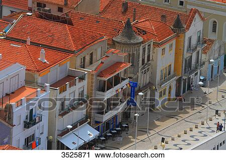 Portugal, Nazare. Seafront houses. View Large Photo Image Stock Image - Portugal, Nazare. Seafront houses.. Fotosearch