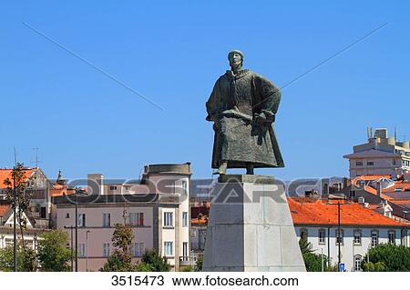 Stock Image - Portugal, Viana do Castelo. Statue of Joao Alvares Fagundes, navigator.. Fotosearch
