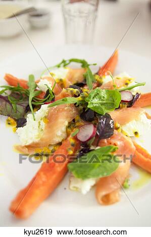 Smoked salmon with salad and mozzarella cheese View Large Photo Image Stock Photo - Smoked salmon with salad and mozzarella cheese. Fotosearch