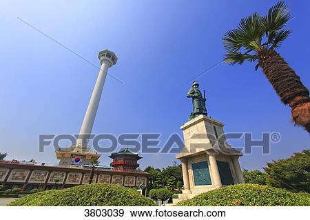 South Korea, Busan. Busan Tower. Statue of Admiral Yi Sun-shin View Large Photo Image Stock Photo - South Korea, Busan. Busan Tower. Statue of Admiral Yi Sun-shin. Fotosearch