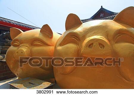 South Korea, Busan. Haedong Yonggungsa temple. Golden pigs View Large Photo Image Stock Image - South Korea, Busan. Haedong Yonggungsa temple. Golden pigs. Fotosearch