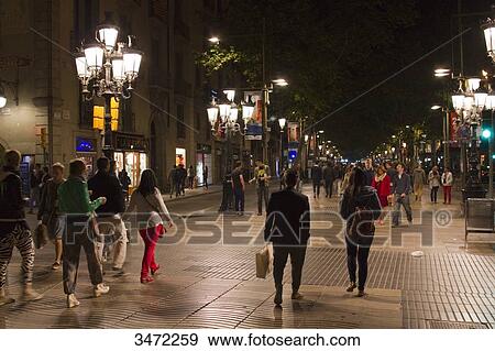 Stock Photo - Spain, Catalonia, Barcelona, la Rambla at night.. Fotosearch