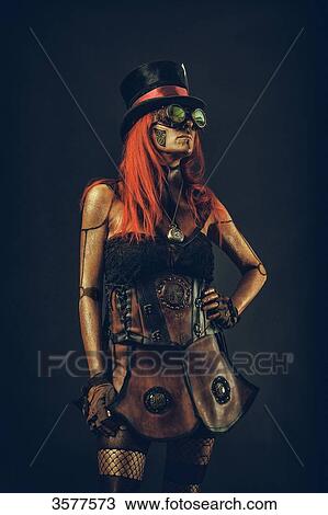 Steampunk robot woman with red hair View Large Photo Image Stock Image - Steampunk robot woman with red hair. Fotosearch
