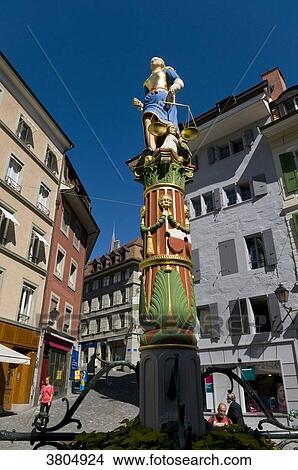 Picture - Switzerland, canton of Vaud, Lausanne, old town, Place de la Palude, Fountain of Justice. Fotosearch