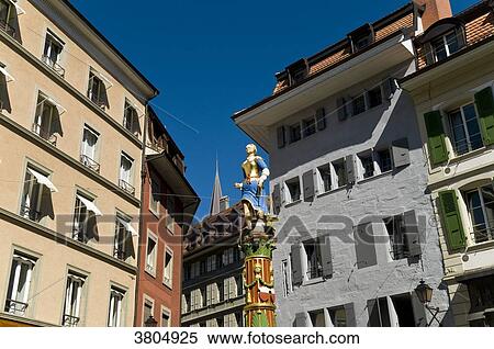 Stock Photography - Switzerland, canton of Vaud, Lausanne, old town, Place de la Palude, Funtain of Justice. Fotosearch