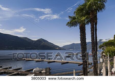 Stock Image - Switzerland, Ticino canton, Ascona, from Giuseppe Motta Place on Lake Maggiore, view on the lake, the port and the mountains. Fotosearch