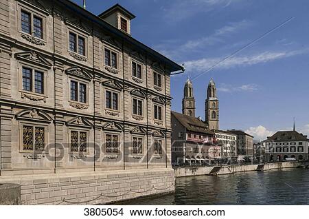 Picture - Switzerland, Zurich canton, city of Zurich, Grossmunster cathedral in the old town. Fotosearch