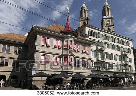 Stock Image - Switzerland, Zurich canton, city of Zurich, Grossmunster cathedral in the old town seen from the banks. Fotosearch