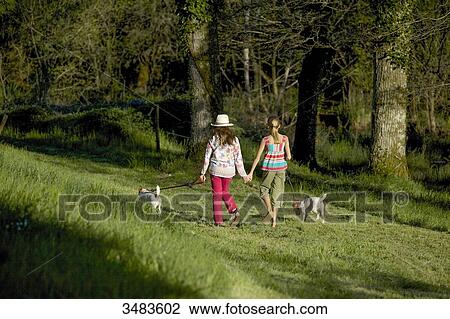 Stock Image - Two young girls walking with their dogs in countryside. Fotosearch