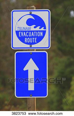 Stock Image - Usa, California, Tsunami evacuation route sign. Fotosearch
