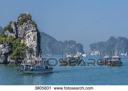 Stock Image - Vietnam, Ha Long Bay, stroll boats in the middle of islets (UNESCO World Heritage). Fotosearch