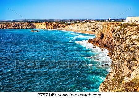 Stock Photo - View of the coast from the porta e pano of Muralha da praca region of Algarve, Portugal. Fotosearch
