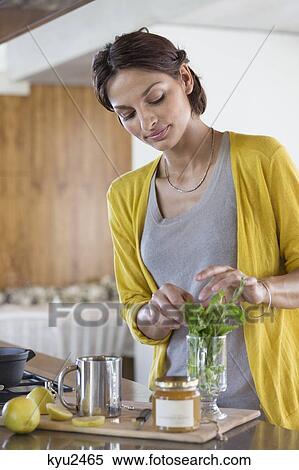 Stock Photography - Woman preparing herbal tea in the kitchen. Fotosearch