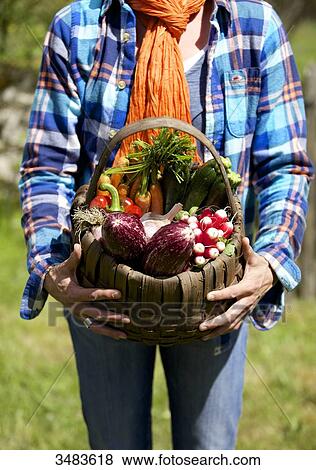 Woman with a basket of vegetables from the garden View Large Photo Image Stock Photo - Woman with a basket of vegetables from the garden. Fotosearch