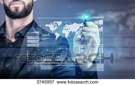 Young business man writing on a virtual screen View Large Photo Image Stock Photo - Young business man writing on a virtual screen. Fotosearch