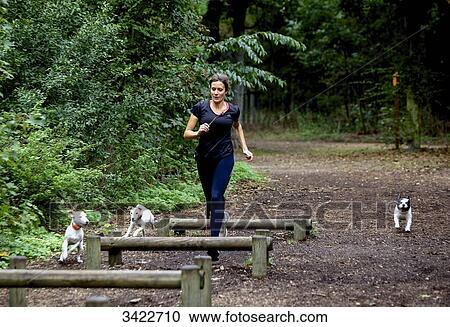 Young woman running with her dogs View Large Photo Image Stock Image - Young woman running with her dogs. Fotosearch