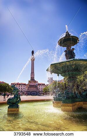 Stock Photo - Fountain Square Dom Pedro IV, Rossio Square, Lisbon, Portugal.. Fotosearch
