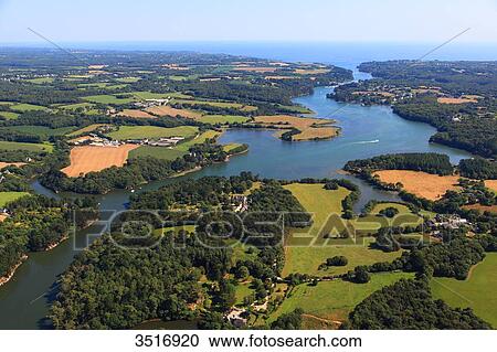 Stock Image - France, Brittany, Morbihan. Aerial view. The Aven river.. Fotosearch