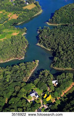 Stock Image - France, Brittany, Morbihan. Aerial view. The Aven river.. Fotosearch