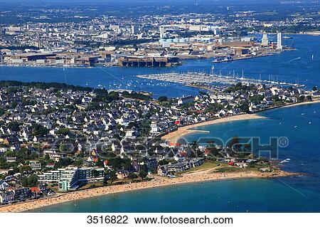 Stock Image - France, Brittany, Morbihan. Larmor Plage. Aerial view.. Fotosearch