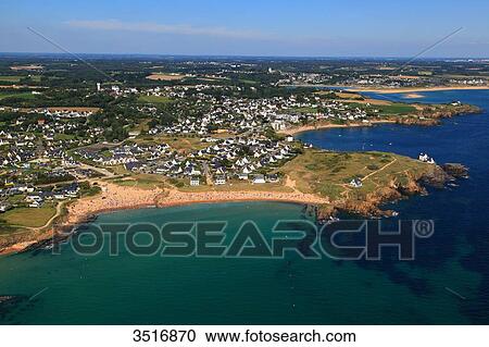 Stock Image - France, Brittany, Morbihan. Moelan sur mer. Le Pouldu. Aerial view.. Fotosearch