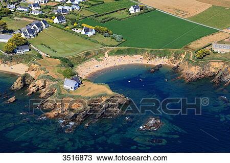Stock Image - France, Brittany, Morbihan. Moelan sur mer. Le Pouldu. Aerial view.. Fotosearch