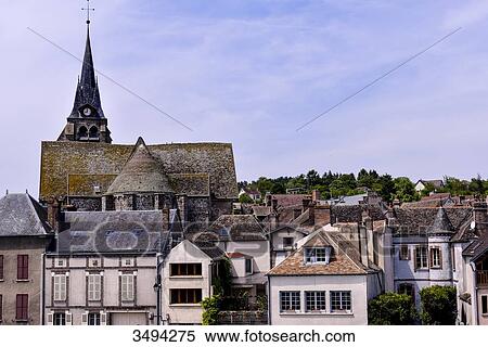 Stock Photography - France, Center France, Burgundi, Pont-sur-Yonne, along the Yonne River, church bell and rooftop of the church. Fotosearch