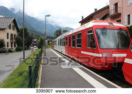 Stock Photo - France, Eastern France, Mont Blanc Express train at the Chamonix station. Fotosearch