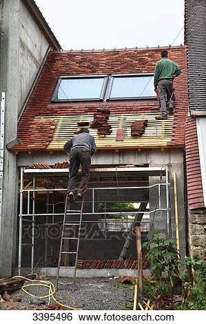 France, House building, safety on a scaffold/scale, roofers constructing a roof View Large Photo Image Stock Photograph - France, House building, safety on a scaffold/scale, roofers constructing a roof. Fotosearch